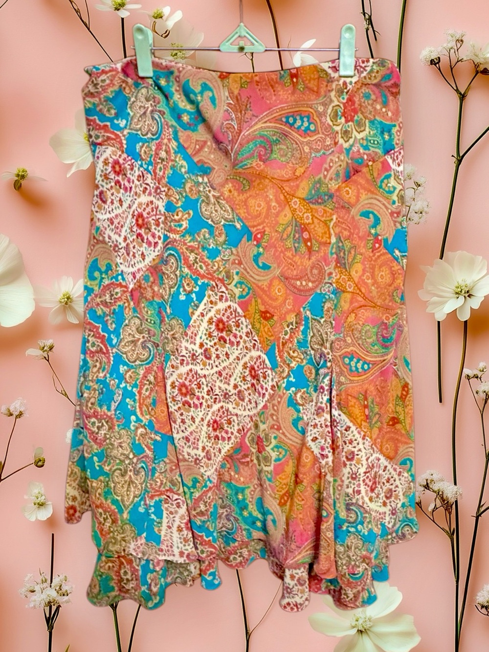 Chaps Teal and Mustard Paisley Print Godet style Skirt size Large - Picture 2 of 9